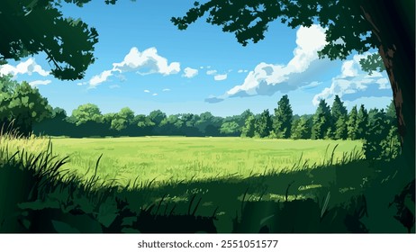 This illustration captures a serene and peaceful green field, with lush, soft grass stretching out under a blue sky. 