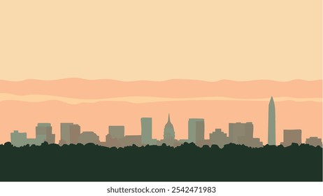 Esta ilustração captura o horizonte sereno de Washington, D.C., banhado em tons quentes do pôr do sol. A silhueta dos marcos proeminentes da cidade