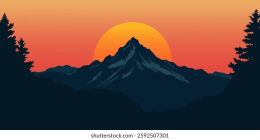 This illustration captures a serene sunset scene with a majestic mountain peak silhouetted against a vibrant sky. The sky transitions from a deep orange near the horizon to a lighter yellow at the top