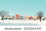 This illustration captures the serene winter beauty of Fargo, North Dakota. The snow-dusted landscape stretches across the horizon, with a quiet, rural road winding through the fields.