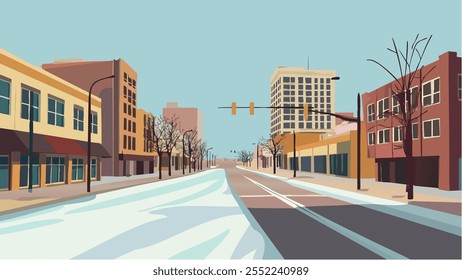 Esta ilustración captura la serena belleza invernal de Fargo, Dakota del Norte. El paisaje cubierto de nieve se extiende a través del horizonte, con un camino rural tranquilo que serpentea a través de los campos.