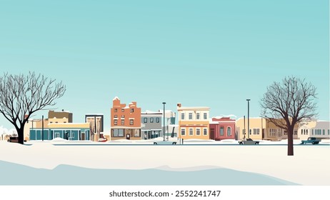 Esta ilustração captura a beleza serena de inverno de Fargo, Dakota do Norte. A paisagem poeirenta de neve se estende ao longo do horizonte, com uma estrada rural tranquila contornando os campos.