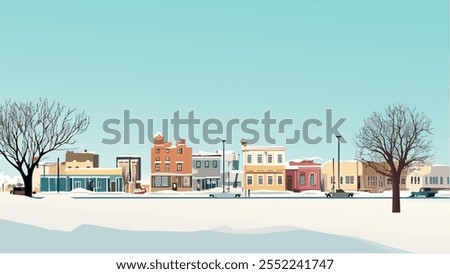 This illustration captures the serene winter beauty of Fargo, North Dakota. The snow-dusted landscape stretches across the horizon, with a quiet, rural road winding through the fields.