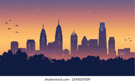 Esta ilustración captura el impresionante horizonte de Filadelfia, Pensilvania, con un impresionante telón de fondo crepuscular.