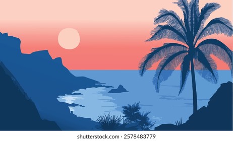 This illustration captures the stunning beauty of Tenerife, an island in the Canary Islands, showcasing its serene coastline.