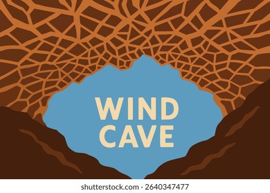 This illustration captures the stunning cave formations within Wind Cave National Park, with light shining through the cave’s entrance, illuminating the stalactites and stalagmites