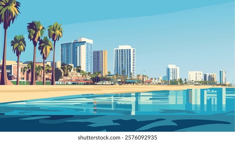 This illustration captures the stunning coastline of Long Beach, California, with its modern skyline reflecting in the calm waters of the Pacific Ocean