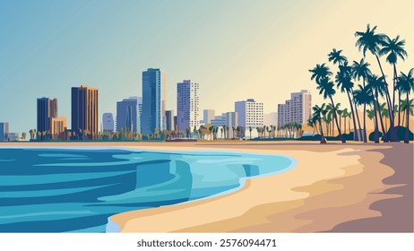 This illustration captures the stunning coastline of Long Beach, California, with its modern skyline reflecting in the calm waters of the Pacific Ocean.