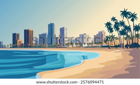 This illustration captures the stunning coastline of Long Beach, California, with its modern skyline reflecting in the calm waters of the Pacific Ocean.