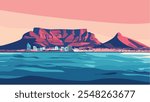 This illustration captures the stunning landscape of Cape Town, showcasing Table Mountain towering over the city