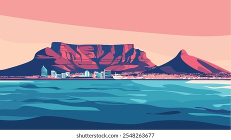 Esta ilustração captura a impressionante paisagem da Cidade do Cabo, mostrando a Montanha da Mesa se elevando sobre o horizonte da cidade, refletindo os tons dourados do pôr do sol sobre o oceano