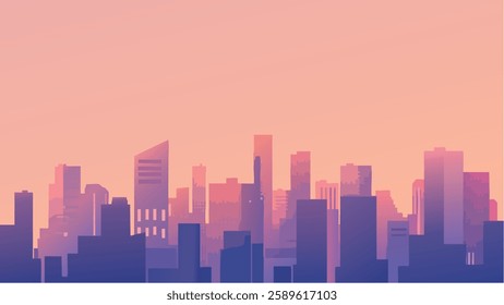 This illustration captures the stunning silhouette of New York City at sunset, featuring a gradient sky that transitions from soft pinks and purples to deeper blues. 