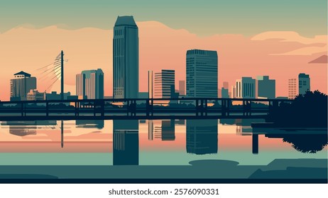 This illustration captures a stunning sunset over the skyline of Jacksonville, Florida, with the city's tall buildings reflecting in the calm river waters