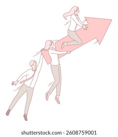 This illustration captures teamwork and progress in a dynamic business context, showing upward movement towards success