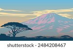 This illustration captures the tranquil beauty of dawn at Mount Kilimanjaro, Africa's highest peak. The scene is bathed in soft, pastel hues of pink and blue as the early morning light 