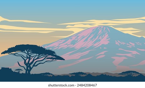 This illustration captures the tranquil beauty of dawn at Mount Kilimanjaro, Africa's highest peak. The scene is bathed in soft, pastel hues of pink and blue as the early morning light 