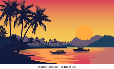 This illustration captures the tranquil beauty of Phuket, Thailand, as the sun sets behind the horizon, casting a vibrant orange and yellow glow across the sky and water. 