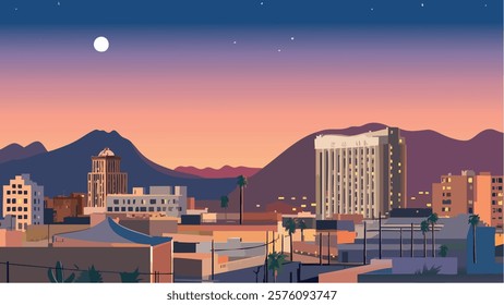 This illustration captures the vibrant cityscape of El Paso, Texas, during the twilight hours.