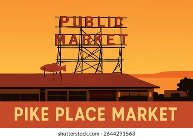 Esta ilustração captura a energia vibrante do Pike Place Market ao nascer do sol, mostrando o mercado icônico com flores frescas, produtos locais e frutos do mar sob o brilho da manhã quente.