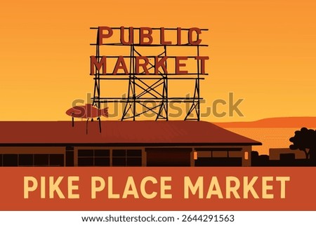 This illustration captures the vibrant energy of Pike Place Market at sunrise, showcasing the iconic market with fresh flowers, local goods, and seafood under the warm morning glow.