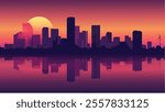 This illustration captures the vibrant and modern essence of Houston, Texas, as the sun sets behind the city