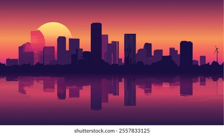 This illustration captures the vibrant and modern essence of Houston, Texas, as the sun sets behind the city's skyline.