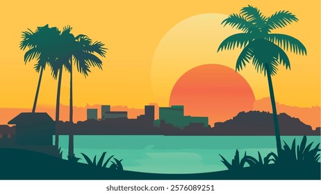 This illustration captures the vibrant and tranquil beauty of Manaus, Brazil, with its stunning tropical landscapes and the iconic sunset over the Amazon River.