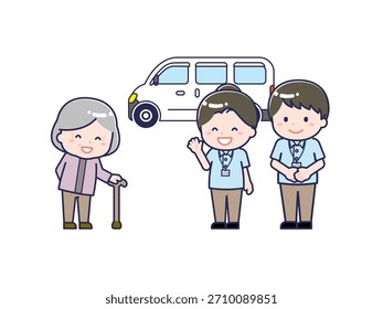 Esta es una ilustración de un trabajador de cuidado saludando y viendo a un usuario de la guardería con una sonrisa.