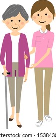 This is an illustration of a caregiver who helps elderly people walk.