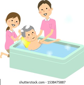 This is an illustration of a caregiver who helps elderly people take a bath.