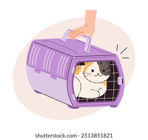 This is an illustration of a cat in a carrier. Concept of outdoor movement of domestic cats.