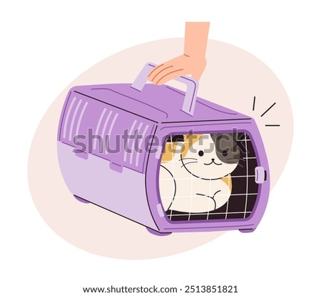 This is an illustration of a cat in a carrier. Concept of outdoor movement of domestic cats.