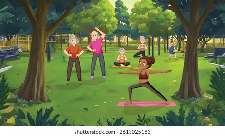 This illustration celebrates Diversity in Exercise and Wellness, showcasing people of all ages, cultures, body types, and abilities coming together in a vibrant, shared space.