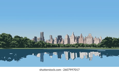 This illustration of Central Park and the New York City skyline captures the perfect balance of lush greenery and towering skyscrapers. 
