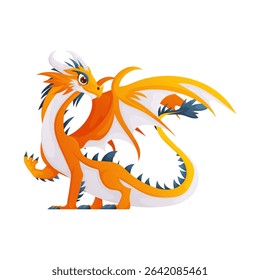 This is an illustration of a cheerful cartoon dragon. It is orange and white with bright yellow wings. The dragon is standing upright, looking towards the viewer.