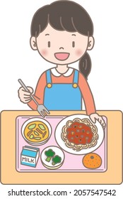 This Is An Illustration Of A Child Eating School Lunch. This Is The School Lunch Menu. It Is Also The Menu Of The Cafeteria At The University And Workplace.