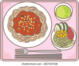 This Is An Illustration Of A Child Eating School Lunch. This Is The School Lunch Menu. It Is Also The Menu Of The Cafeteria At The University And Workplace.