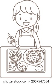 This is an illustration of a child eating school lunch. This is the school lunch menu. It is also the menu of the cafeteria at the university and workplace.