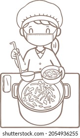 This is an illustration of a child giving out lunch during lunch break. In Japan, children distribute meals.