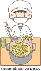 This is an illustration of a child giving out lunch during lunch break. In Japan, children distribute meals.