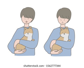 This is an illustration of a child holding a dog.