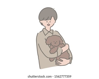 This is an illustration of a child holding a dog.