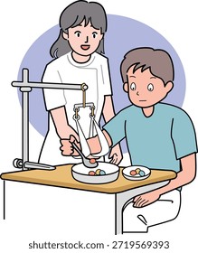 Esta é uma ilustração de uma criança recolhendo algo com uma colher como parte da terapia ocupacional.