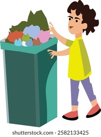 This illustration of a child throwing garbage into the dustbin effectively conveys a message of responsibility, sustainability, and cleanliness, making it suitable for educational and promotional 
