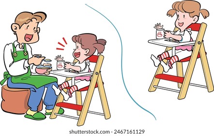 This is an illustration of a childcare worker teaching children the basics of eating.