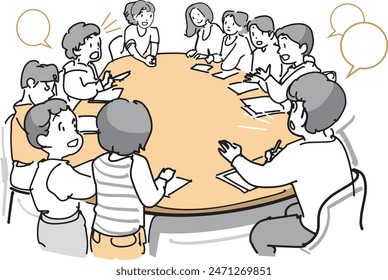 This is an illustration of children having a meeting around a desk.