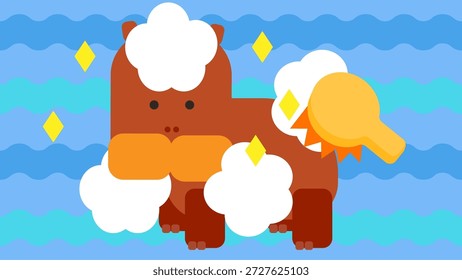 Esta es una ilustración de un baño limpio y refrescante, con un personaje hipopótamo lavando su cuerpo cubierto de burbujas.