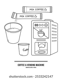 Esta ilustração é uma máquina automática de café em um restaurante coreano e um pó de café tipo aderente chamado "Mix Coffee".