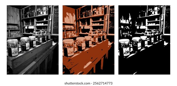 This illustration is a collection of silhouettes with a traditional coffee shop theme, featuring distinctive elements that represent the authentic and warm atmosphere of a traditional coffee shop.