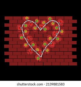 This is an illustration of colorful lights forming a heart attached to a brick wall